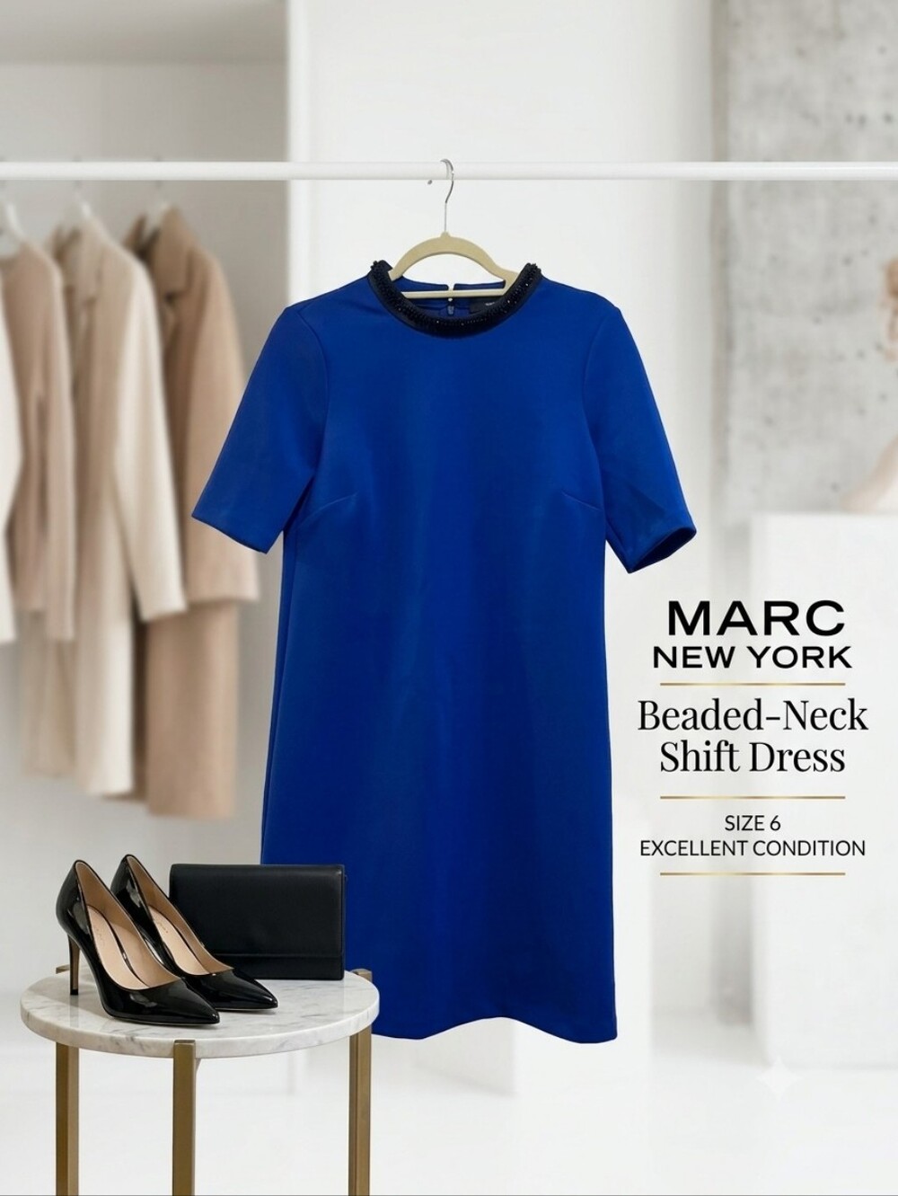 Marc New York Andrew Marc Royal Blue Shift Dress Beaded Neck Size 6